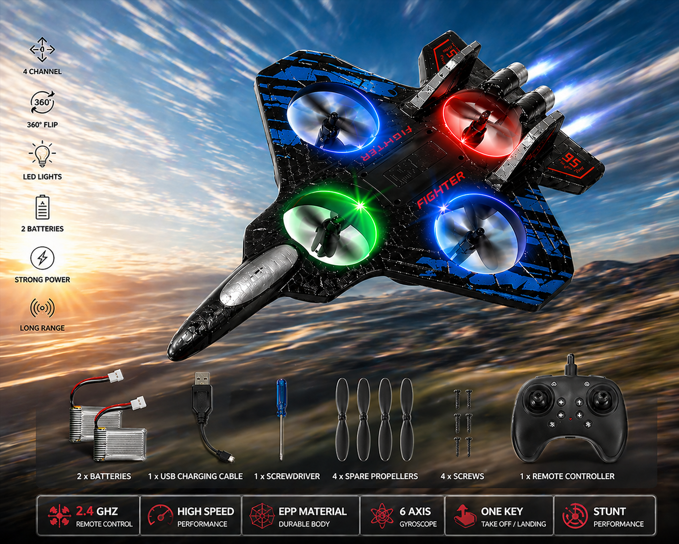 X33 Fighter Drone RC Quadcopter | High Speed, LED Lights, 360° Stunts-OG
